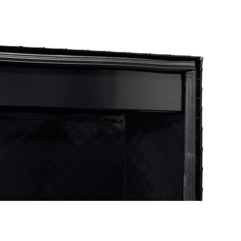 Weather Guard 121-5-04 crossover saddle box in gloss black, close-up of the D-shaped ribbed weather seal around the opening