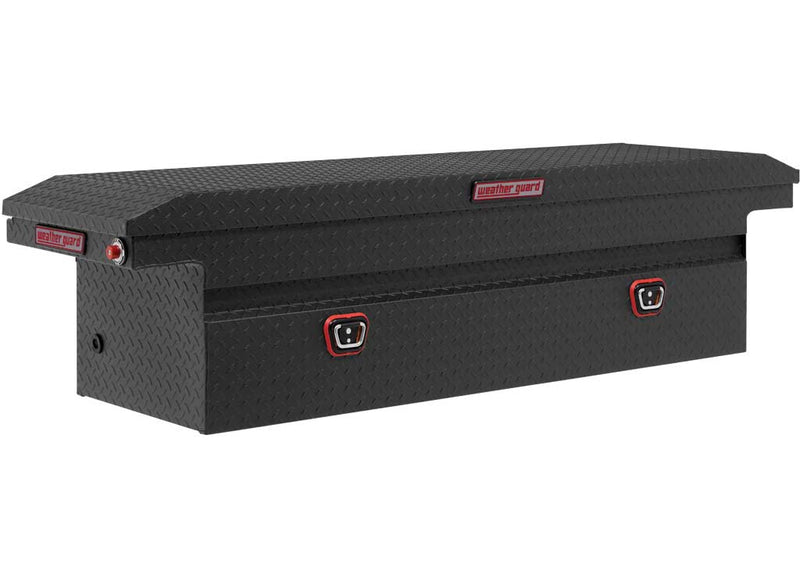 Weather Guard 121-52-03 aluminum crossover saddle truck tool box in matte black, front three-quarter studio view