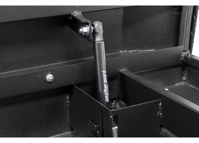 Weather Guard 121-52-03 aluminum crossover saddle truck tool box in matte black, gas strut and reinforced lid detail