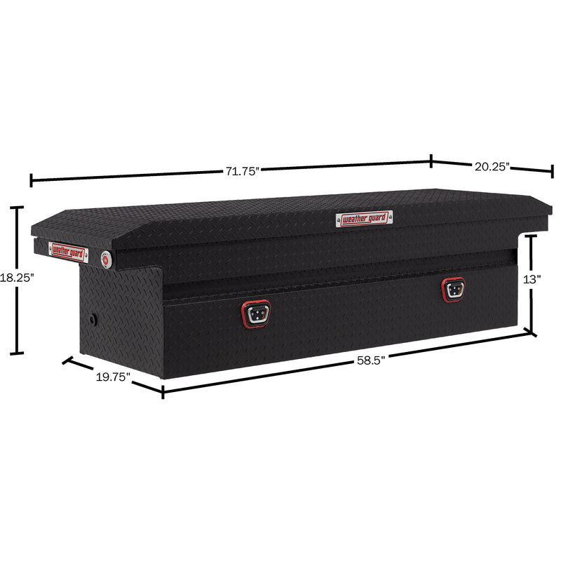 Weather Guard 121-52-04 crossover saddle box in textured matte black, dimensional line drawing with the overall length, width and height called out