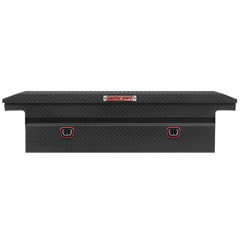 Weather Guard 121-52-04 crossover saddle box in textured matte black, straight-on front elevation with the lid closed