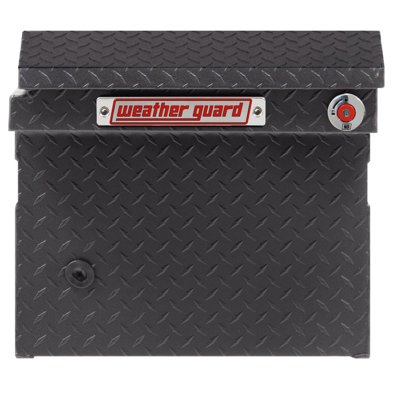 Weather Guard 121-52-04 crossover saddle box in textured matte black, side profile showing the body depth and the bed-rail notch