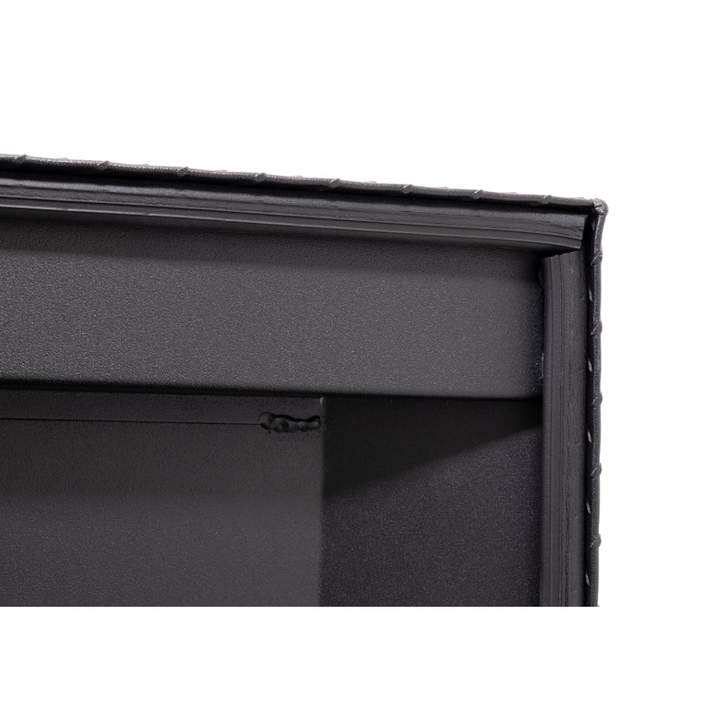 Weather Guard 121-52-04 crossover saddle box in textured matte black, close-up of the D-shaped ribbed weather seal around the opening