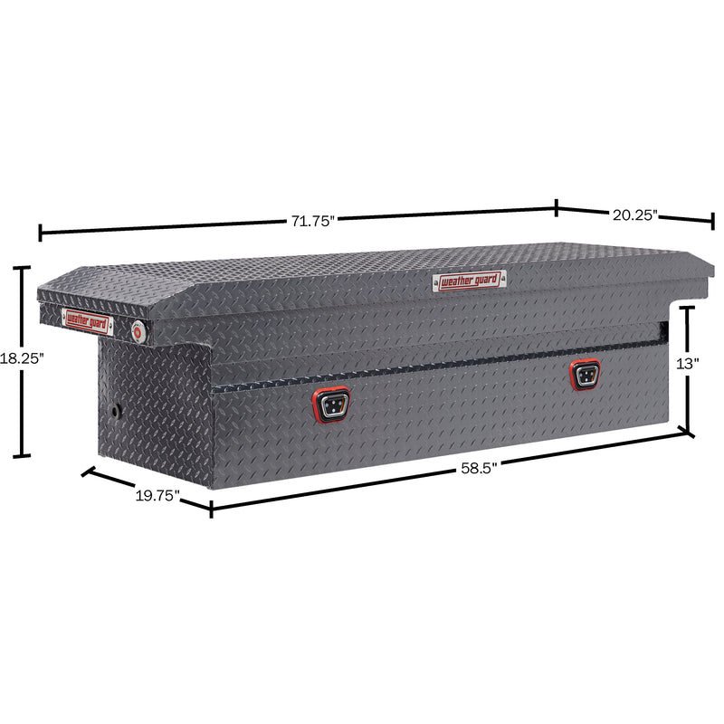Weather Guard 121-6-04 crossover saddle box in gunmetal gray, dimensional line drawing with the overall length, width and height called out