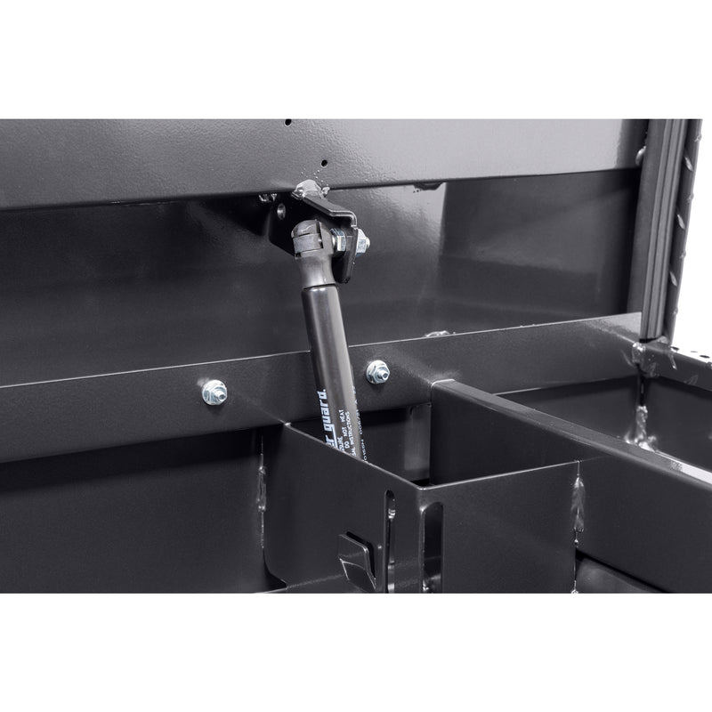 Weather Guard 121-6-04 crossover saddle box in gunmetal gray, close-up of the gas strut holding the lid open