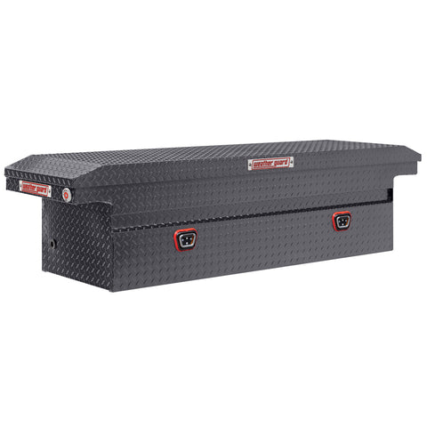 Weather Guard 121-6-04 crossover saddle box in gunmetal gray, front three-quarter studio view with the lid closed