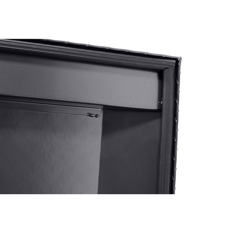 Weather Guard 121-6-04 crossover saddle box in gunmetal gray, close-up of the D-shaped ribbed weather seal around the opening