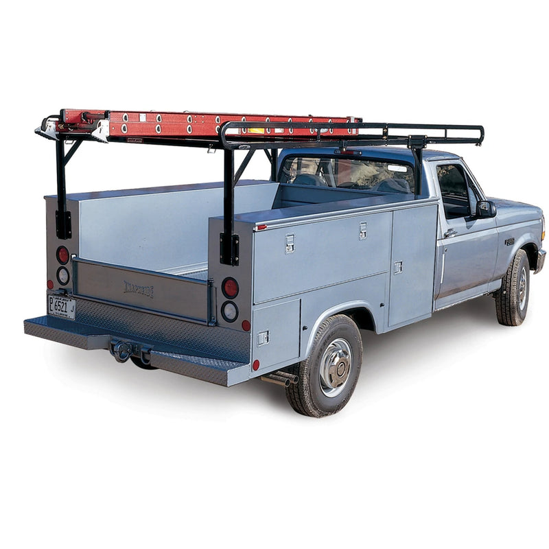 Weather Guard 1225 service body rack mounted over a light blue utility service body truck carrying a red ladder