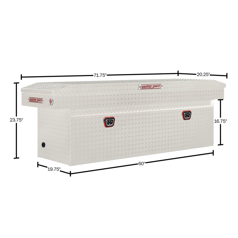 Weather Guard 123-0-04 crossover saddle box in bright aluminum diamond plate, dimensional line drawing with the overall length, width and height called out