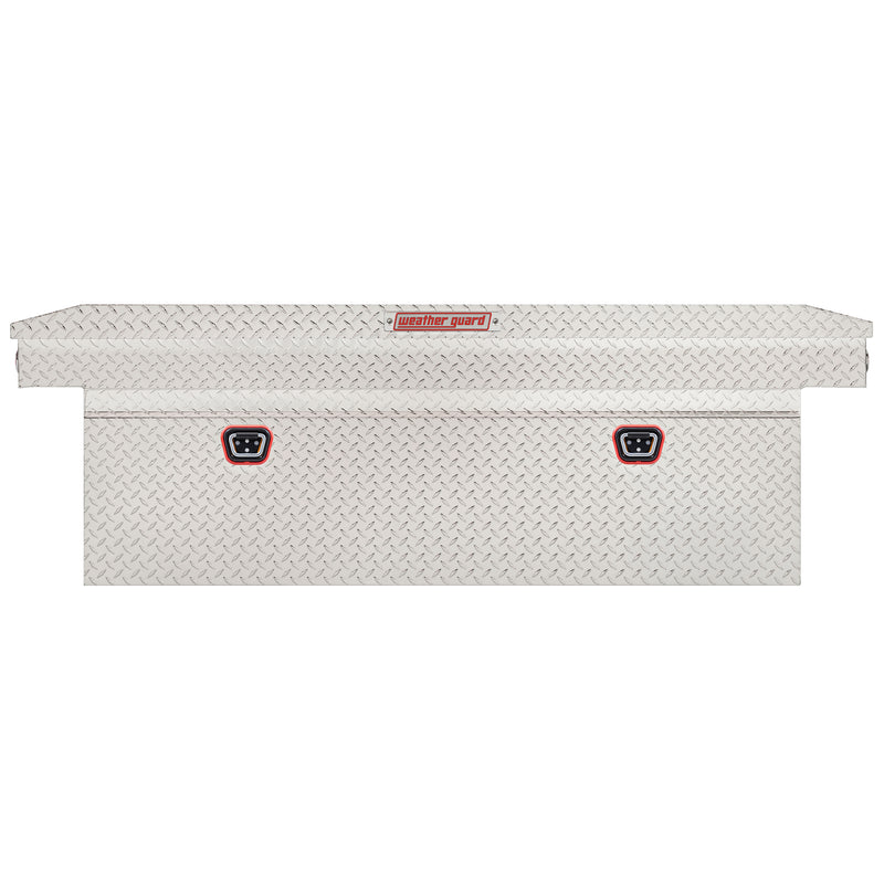 Weather Guard 123-0-04 crossover saddle box in bright aluminum diamond plate, straight-on front elevation with the lid closed