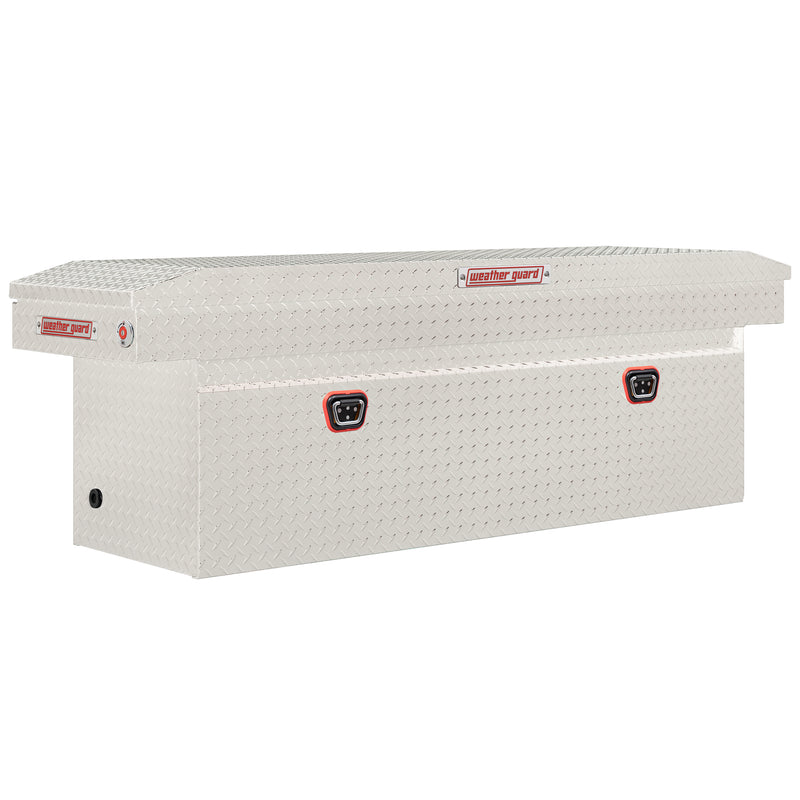 Weather Guard 123-0-04 crossover saddle box in bright aluminum diamond plate, front three-quarter studio view with the lid closed