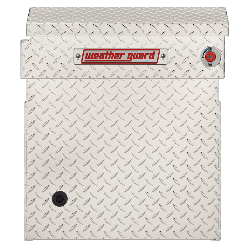 Weather Guard 123-0-04 crossover saddle box in bright aluminum diamond plate, side profile showing the body depth and the bed-rail notch