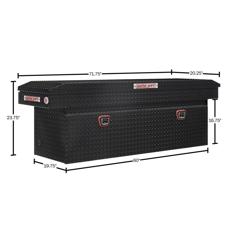 Weather Guard 123-5-04 crossover saddle box in gloss black, dimensional line drawing with the overall length, width and height called out