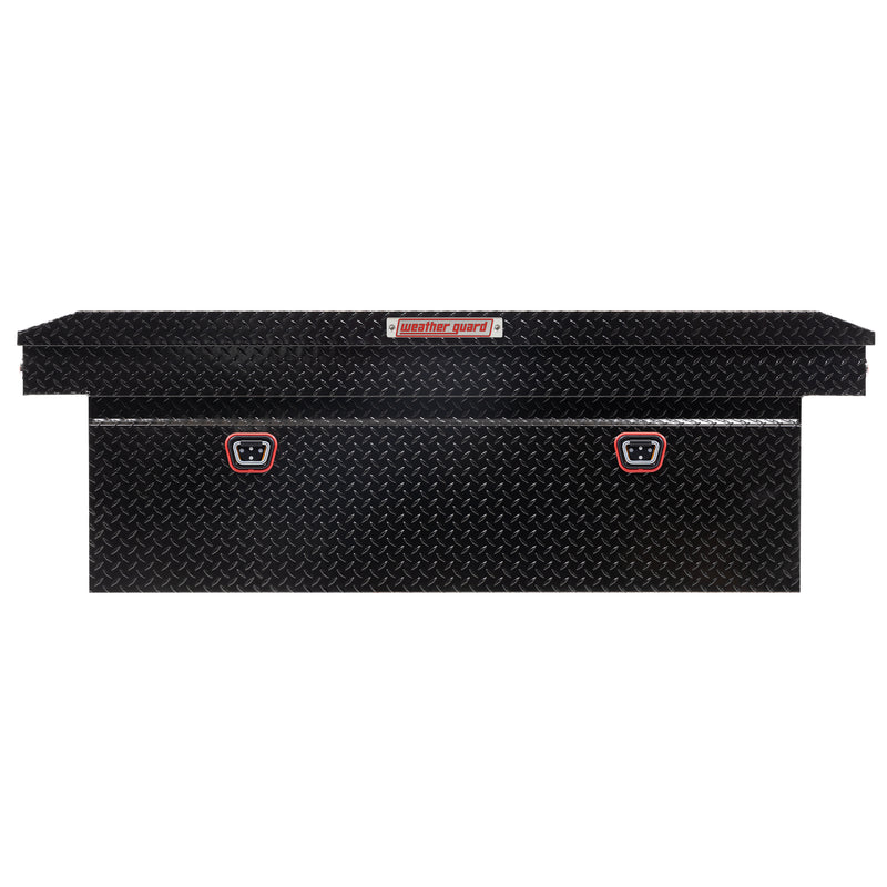 Weather Guard 123-5-04 crossover saddle box in gloss black, straight-on front elevation with the lid closed