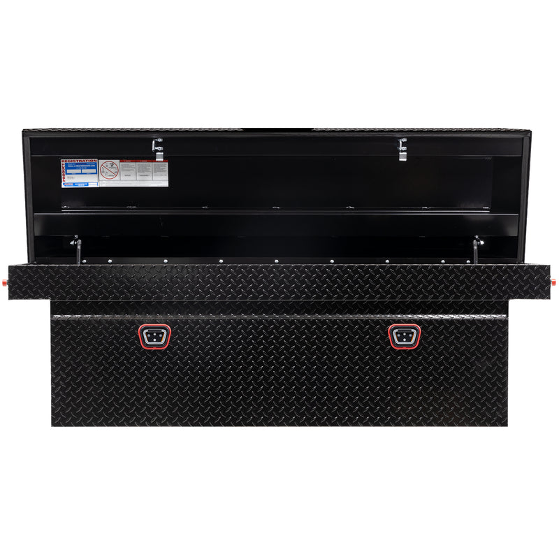 Weather Guard 123-5-04 crossover saddle box in gloss black, straight-on front view with the lid open, showing the full interior