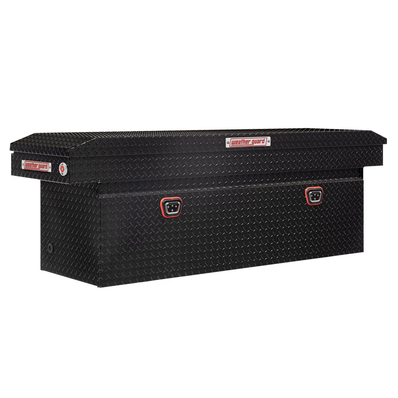 Weather Guard 123-5-04 crossover saddle box in gloss black, front three-quarter studio view with the lid closed