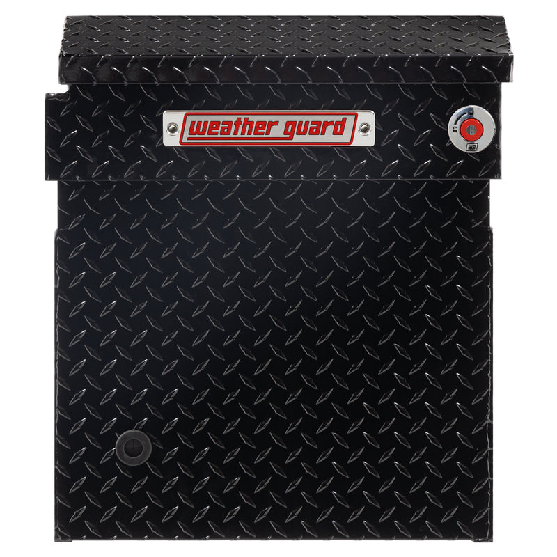 Weather Guard 123-5-04 crossover saddle box in gloss black, side profile showing the body depth and the bed-rail notch