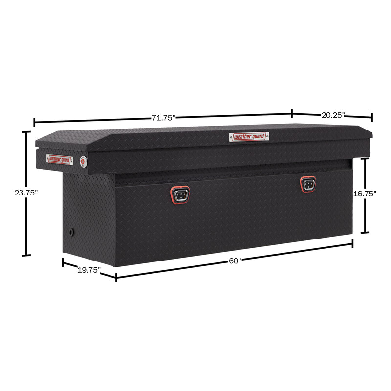 Weather Guard 123-52-04 crossover saddle box in textured matte black, dimensional line drawing with the overall length, width and height called out