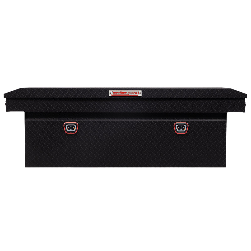 Weather Guard 123-52-04 crossover saddle box in textured matte black, straight-on front elevation with the lid closed