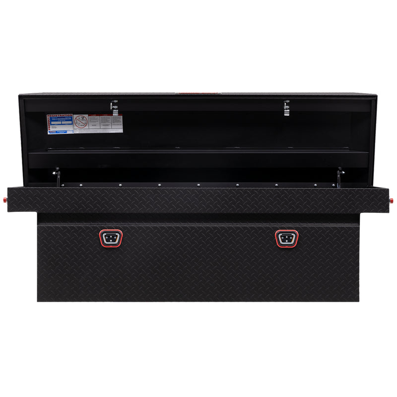 Weather Guard 123-52-04 crossover saddle box in textured matte black, straight-on front view with the lid open, showing the full interior