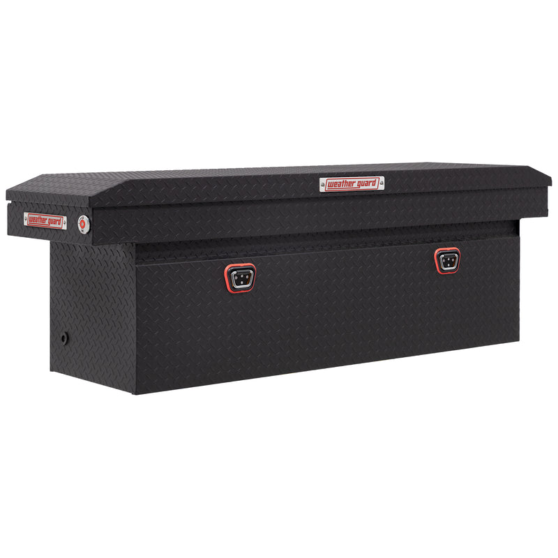 Weather Guard 123-52-04 crossover saddle box in textured matte black, front three-quarter studio view with the lid closed