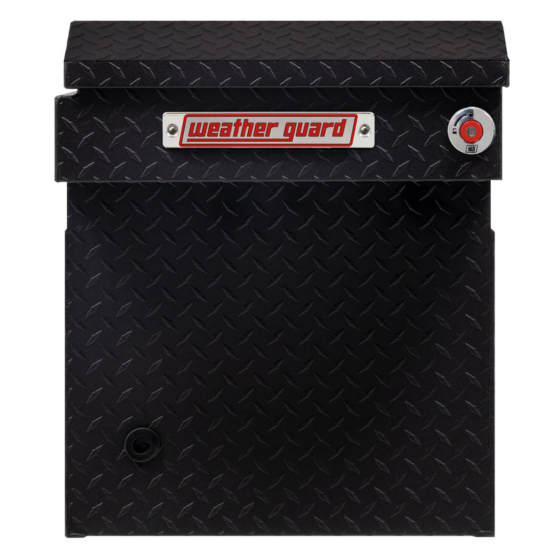 Weather Guard 123-52-04 crossover saddle box in textured matte black, side profile showing the body depth and the bed-rail notch