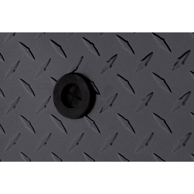 Weather Guard 123-6-04 crossover saddle box in gunmetal gray, close-up of the 12 volt power pass access port grommet