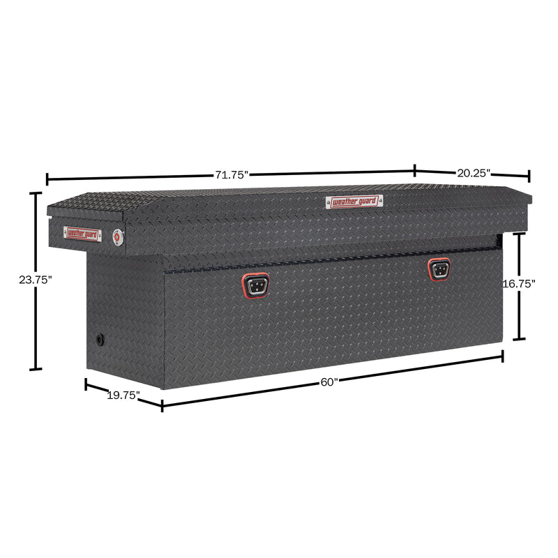 Weather Guard 123-6-04 crossover saddle box in gunmetal gray, dimensional line drawing with the overall length, width and height called out