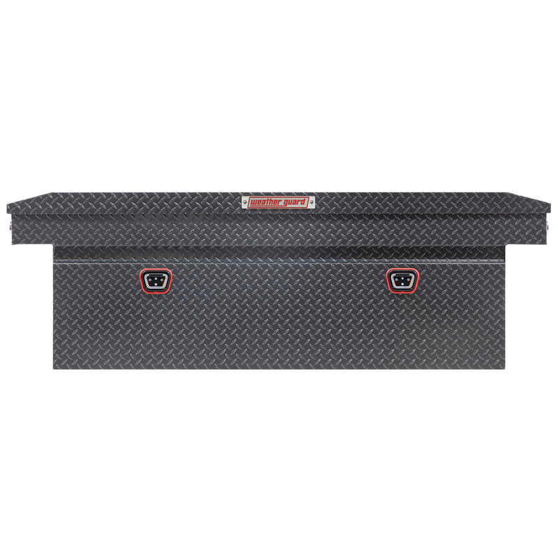 Weather Guard 123-6-04 crossover saddle box in gunmetal gray, straight-on front elevation with the lid closed