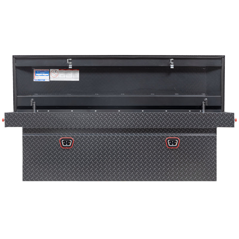 Weather Guard 123-6-04 crossover saddle box in gunmetal gray, straight-on front view with the lid open, showing the full interior