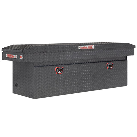 Weather Guard 123-6-04 crossover saddle box in gunmetal gray, front three-quarter studio view with the lid closed