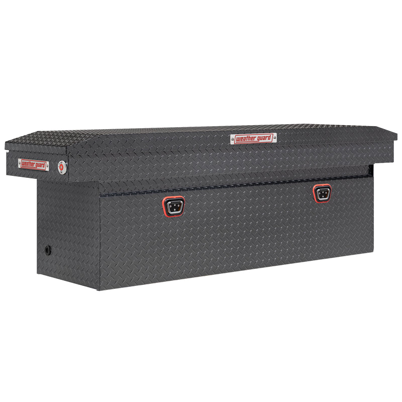 Weather Guard 123-6-04 crossover saddle box in gunmetal gray, front three-quarter studio view with the lid closed