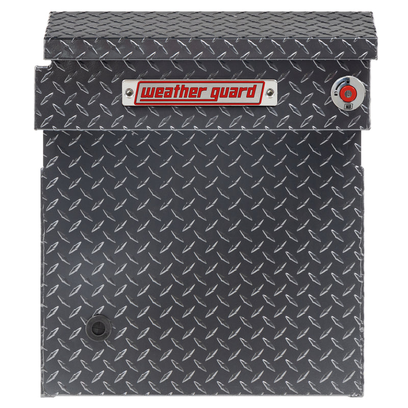 Weather Guard 123-6-04 crossover saddle box in gunmetal gray, side profile showing the body depth and the bed-rail notch