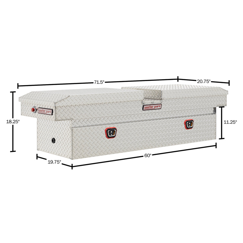 Weather Guard 124-0-04 gull-wing crossover box in bright aluminum diamond plate, dimensional line drawing with the overall length, width and height called out