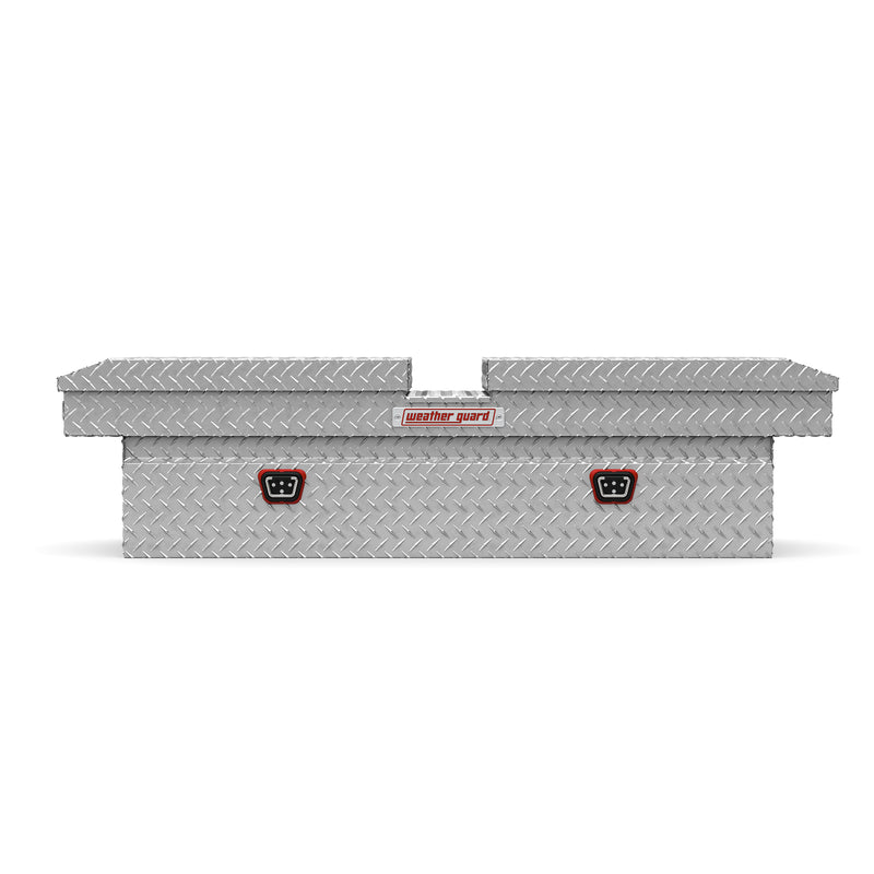 Weather Guard 124-0-04 gull-wing crossover box in bright aluminum diamond plate, straight-on front elevation with the lids closed