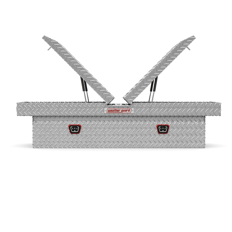Weather Guard 124-0-04 gull-wing crossover box in bright aluminum diamond plate, straight-on front view with the lids open, showing the full interior