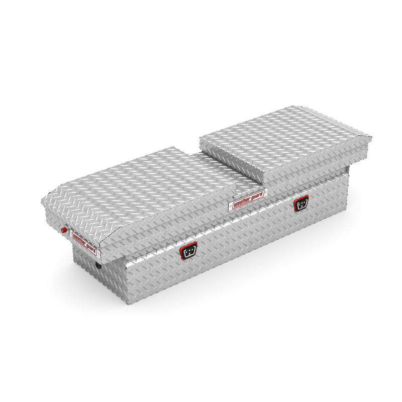 Weather Guard 124-0-04 gull-wing crossover box in bright aluminum diamond plate, front three-quarter studio view with the lids closed