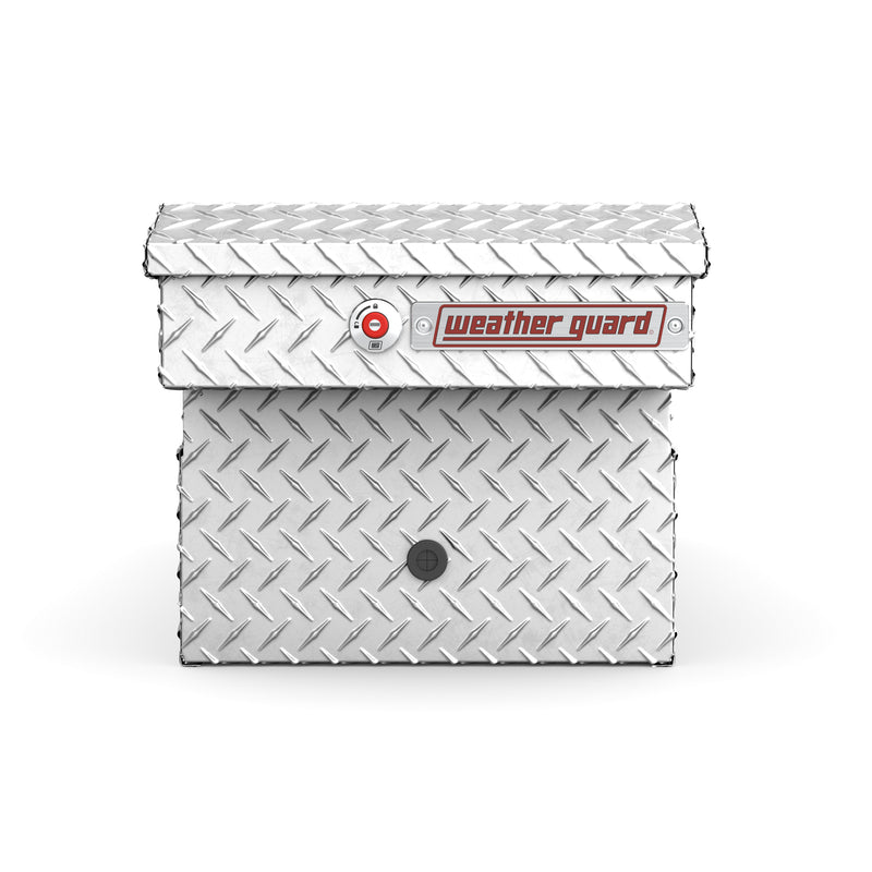Weather Guard 124-0-04 gull-wing crossover box in bright aluminum diamond plate, side profile showing the body depth and the bed-rail notch
