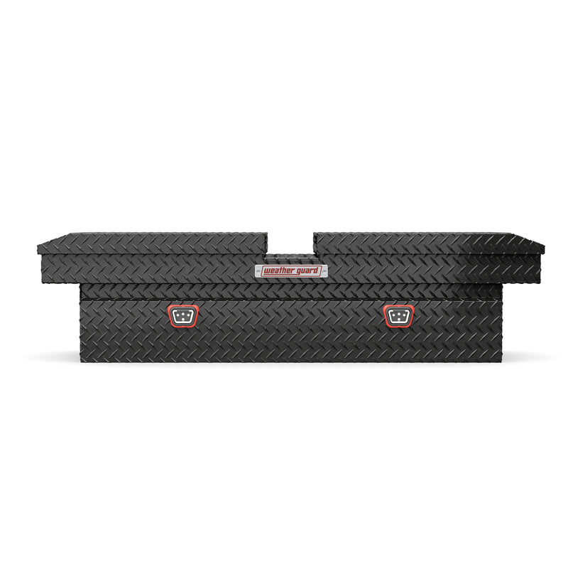 Weather Guard 124-5-04 gull-wing crossover box in gloss black, straight-on front elevation with the lids closed