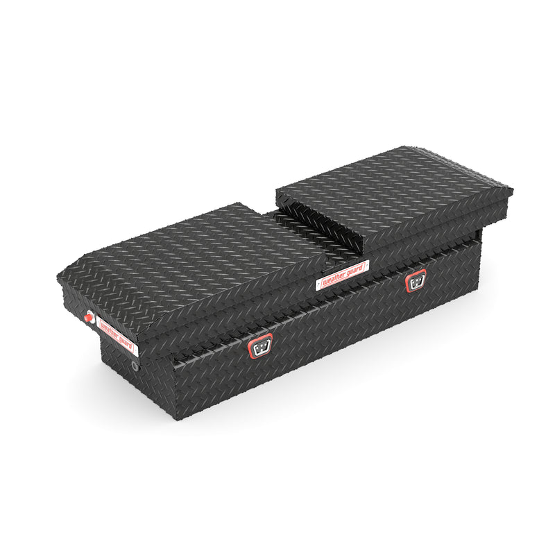 Weather Guard 124-5-04 gull-wing crossover box in gloss black, front three-quarter studio view with the lids closed