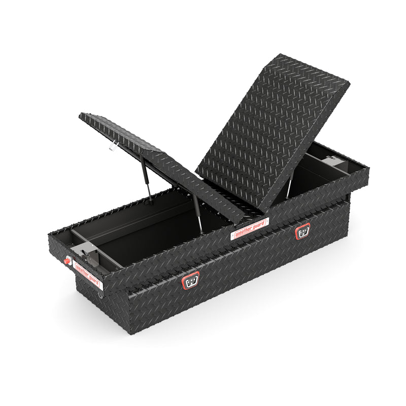 Weather Guard 124-5-04 gull-wing crossover box in gloss black, one lid raised on its gas strut, showing the interior and the center divider