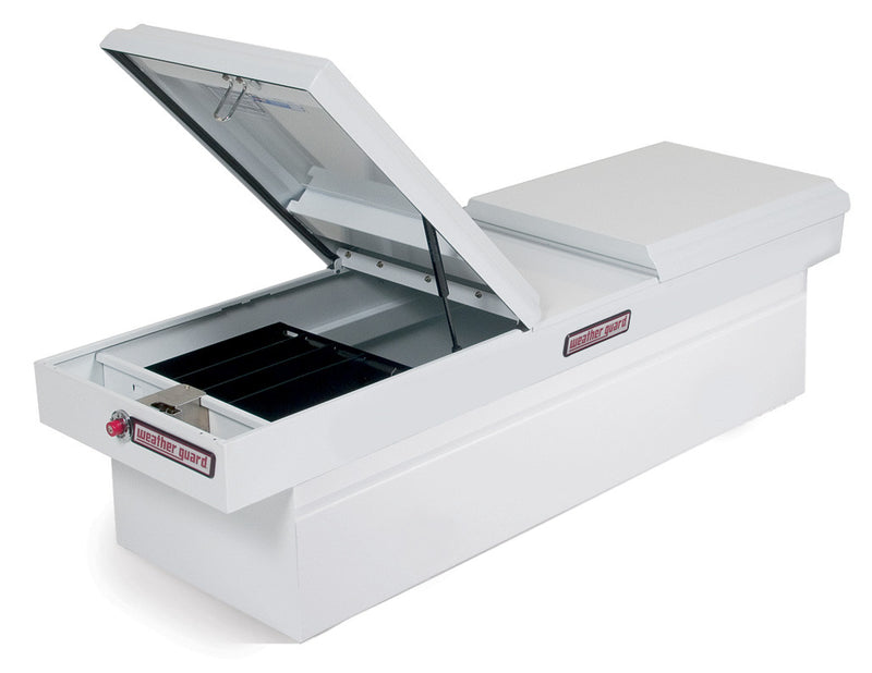 Weather Guard 125-3-01 steel gull-wing crossover truck tool box in brite white, front three-quarter studio view