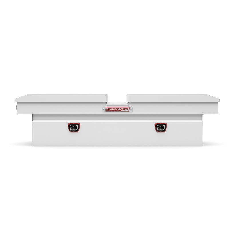 Weather Guard 125-3-04 gull-wing crossover box in brite white, straight-on front elevation with the lids closed