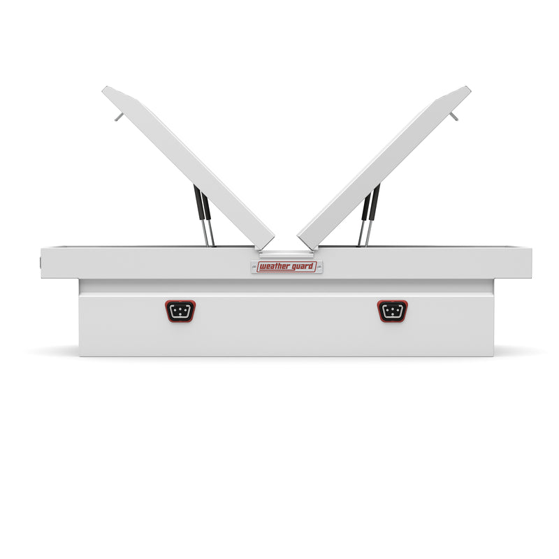 Weather Guard 125-3-04 gull-wing crossover box in brite white, straight-on front view with the lids open, showing the full interior