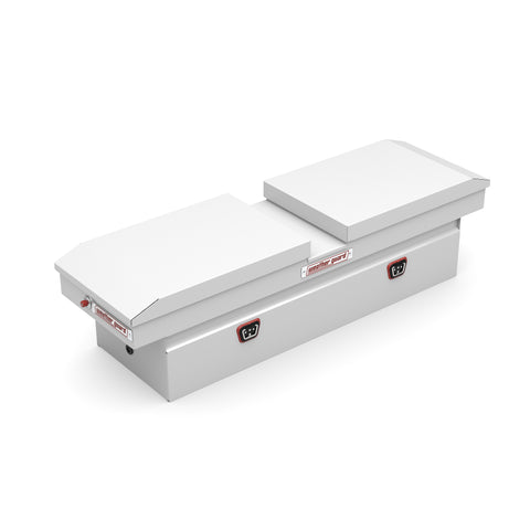Weather Guard 125-3-04 gull-wing crossover box in brite white, front three-quarter studio view with the lids closed