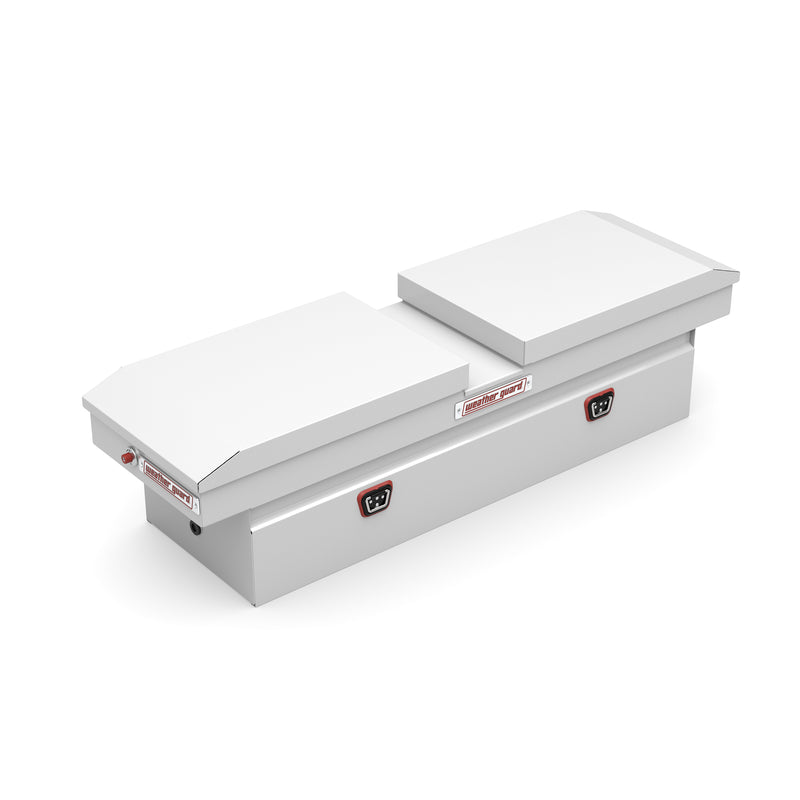 Weather Guard 125-3-04 gull-wing crossover box in brite white, front three-quarter studio view with the lids closed