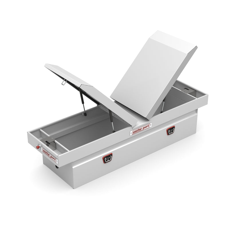 Weather Guard 125-3-04 gull-wing crossover box in brite white, one lid raised on its gas strut, showing the interior and the center divider