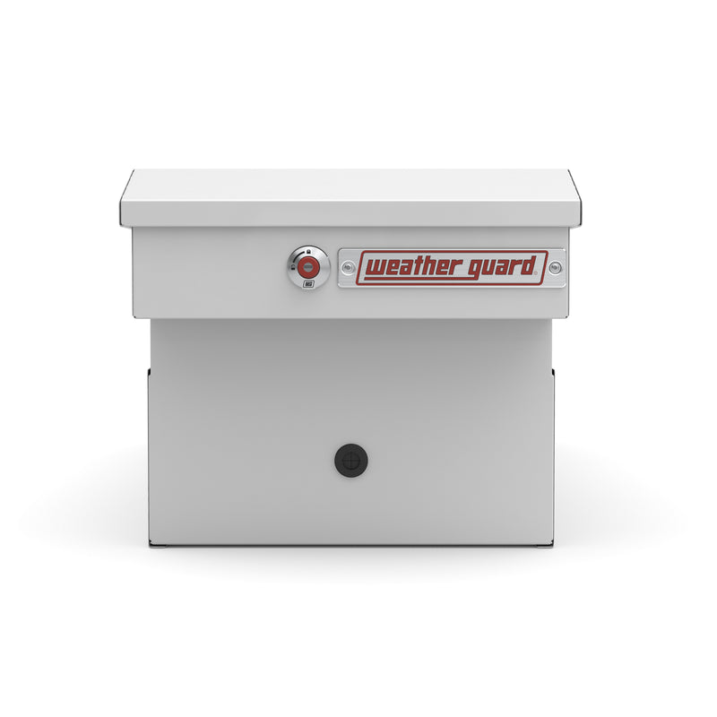 Weather Guard 125-3-04 gull-wing crossover box in brite white, side profile showing the body depth and the bed-rail notch