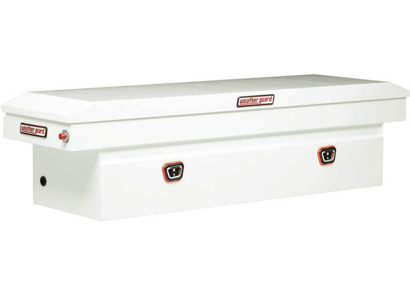 Weather Guard 126-3-03 steel crossover saddle truck tool box in brite white, front three-quarter studio view