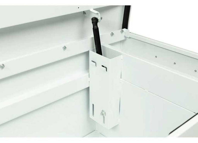 Weather Guard 126-3-03 steel crossover saddle truck tool box in brite white, gas strut and reinforced lid detail